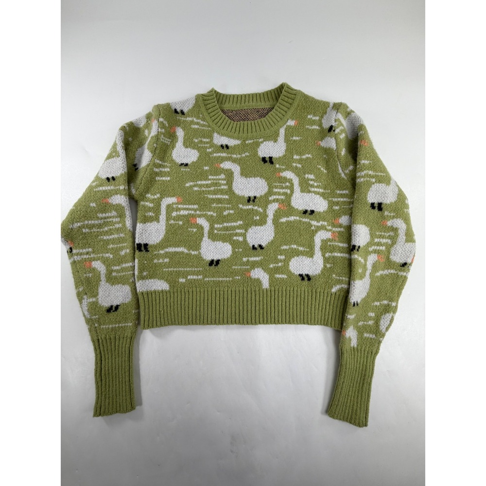 Cider Green Goose Pattern Knit Cropped Sweater XS Bird Print CD20220902172151KS